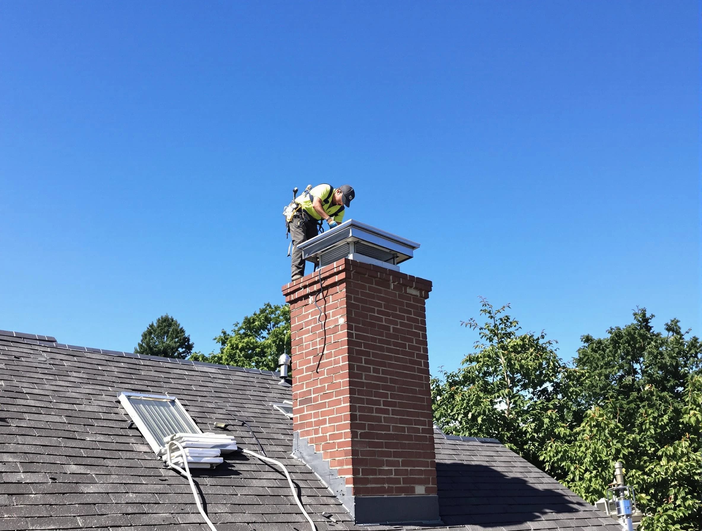 Barnegat Chimney Sweep technician measuring a chimney cap in Barnegat, NJ