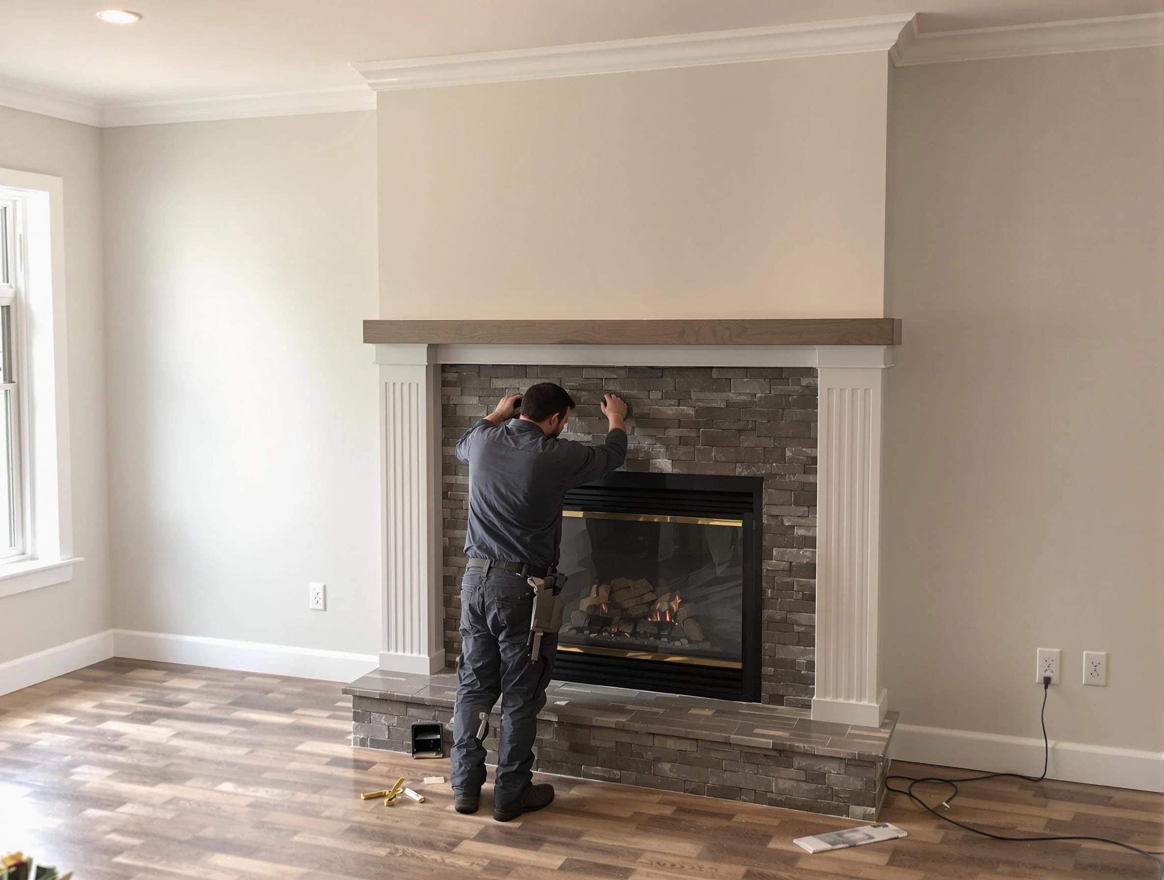 Barnegat Chimney Sweep finishing a custom fireplace install in Barnegat, NJ